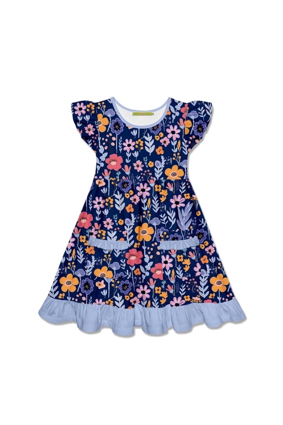 Girls' Navy Floral 2-Pocket Dress, Big Girls, Size 6