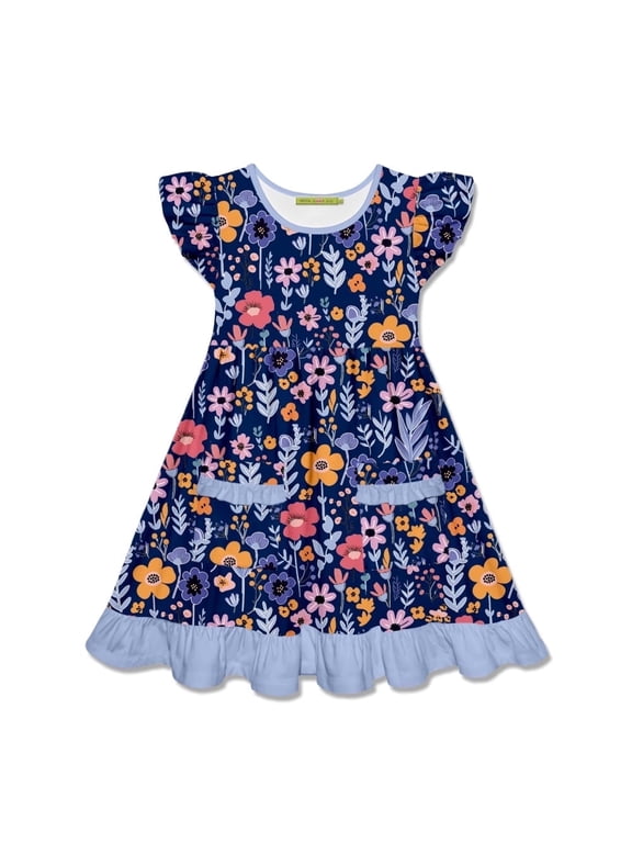 Girls' Navy Floral 2-Pocket Dress, Big Girls, Size 6