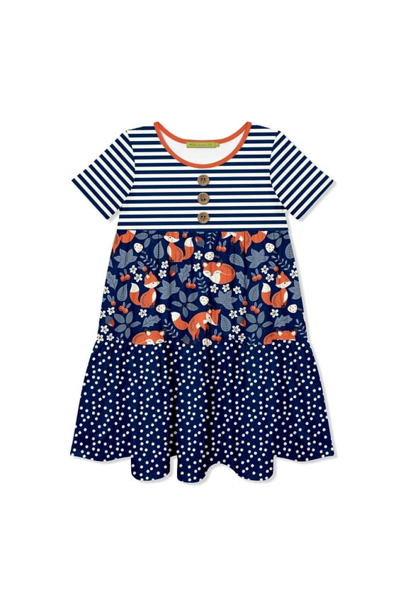 Girls Navy Fox Printed Tiered Short Sleeve Dress Size (3T-12)