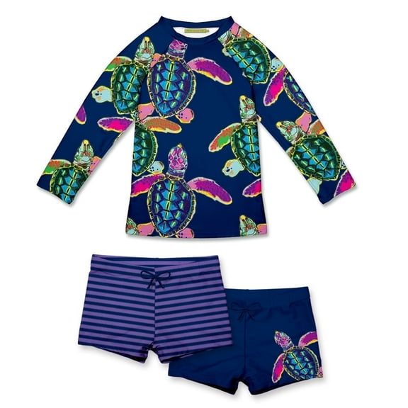 Millie Loves Lily Girls Navy Water-Turtle Long-Sleeve Rashguard Swimsuit Set UPF 50, Big Girls, Size 6