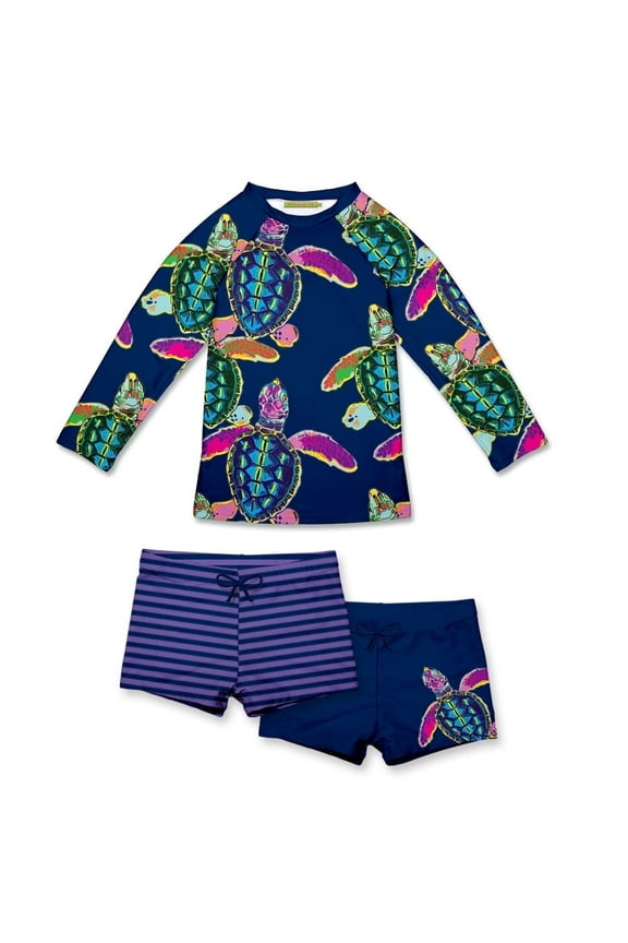 Girls Navy Water-Turtle Long-Sleeve Rashguard Swimsuit Set UPF 50, Big Girls, Size 7