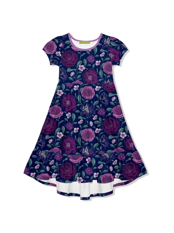 Girls Navy and Purple Floral Hi-Low Midi Dress, Big Girls Size 6