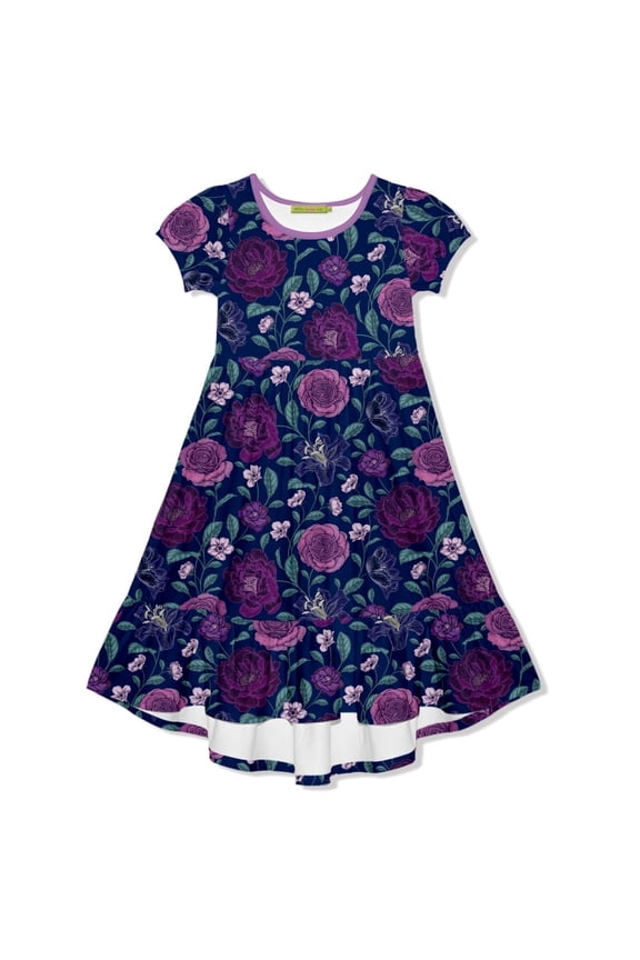 Girls Navy and Purple Floral Hi-Low Midi Dress, Big Girls Size 6