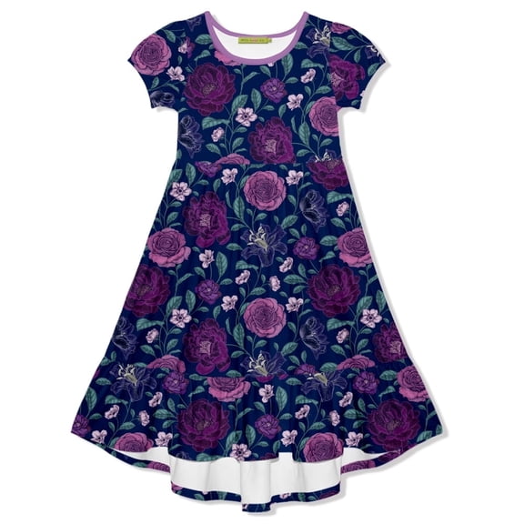 Millie Loves Lily Girls Navy and Purple Floral Hi-Low Midi Dress, Big Girls Size 8