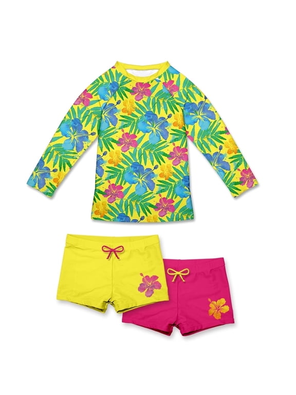 Girls Neon Hawaiian Long-Sleeve Rashguard Set, UPF 50+, Big Girls, Size 6