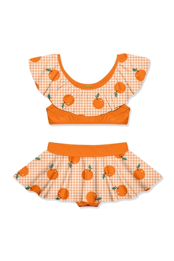 Girls Orange Gingham Check 2-PC Ruffle Swimsuit,Toddler Girls,Size 4T,2-PCS,UPF 50+