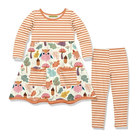 Millie Loves Lily Girls Orange Woodland Owl 2 Pocket Dress & Legging Set size ( 4-12)