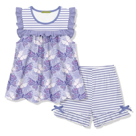 Millie Loves Lily Girls Orchid Butterfly Print Top and Stripe Short Set Big Girls,Size 10,2-PCS
