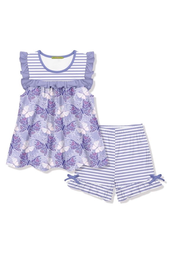 Girls Orchid Butterfly Print Top and Stripe Short Set Big Girls,Size 6,2-PCS