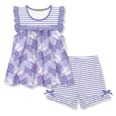 Millie Loves Lily Girls Orchid Butterfly Print Top and Stripe Short Set Toddler Girls,Size 4T,2-PCS