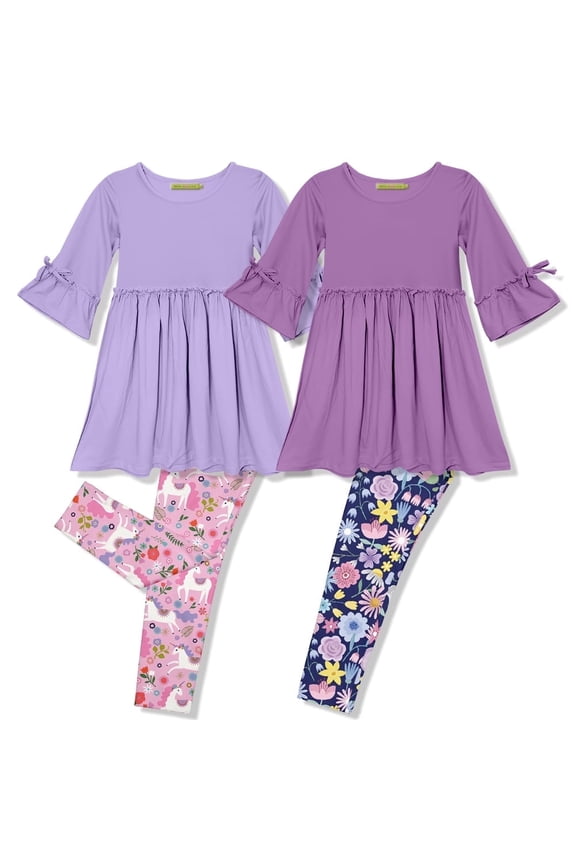 Girls Orchid Petal And Purple Dress And Printed Leggings Set, Big Girl Size 6, (4-PCS)