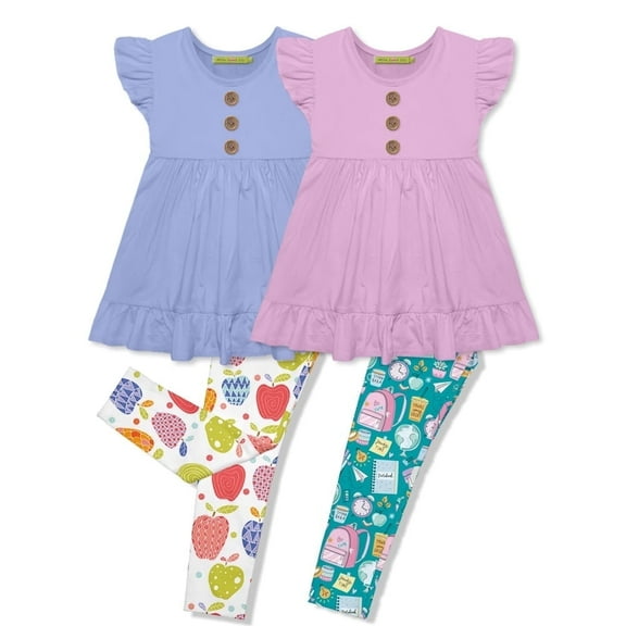 Millie Loves Lily Girls Periwinkle & Lilac 4-pc Cotton Top & Printed Legging Set, Big Girl,Sizes (2T-12)