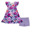 thumbnail image 1 of Millie Loves Lily Girls Periwinkle Rose Angel-Sleeve Dress & Purple Dot Shorts Set, Size (3T-12 & Plus Sizes), 1 of 6