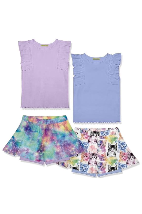 Girls Periwinkle and Orchid Rib Tops and Printed Skorts Set,Big Girls, Size 6, 4-PCS