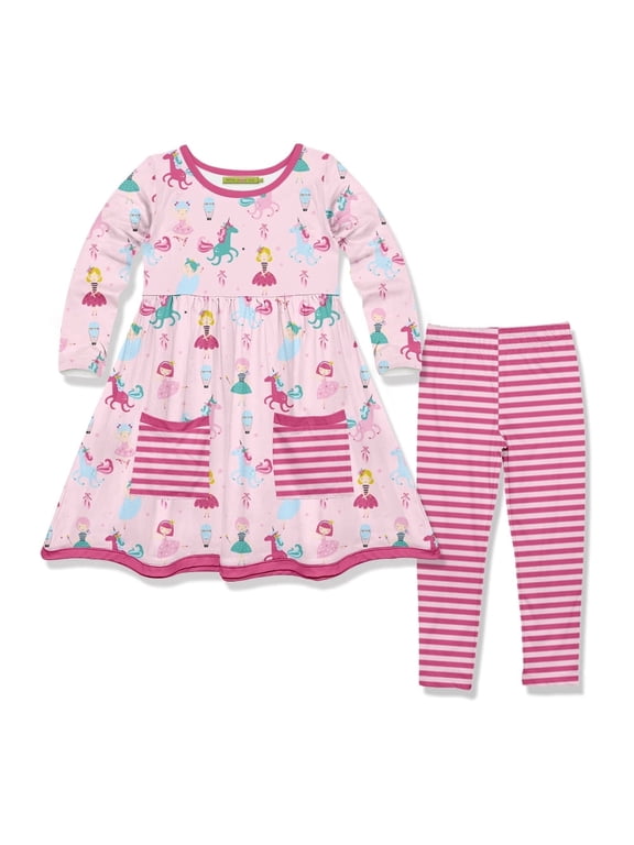 Girls Pink Ballerina and Unicorns 2 Pocket Dress & Legging Set size (4-10)