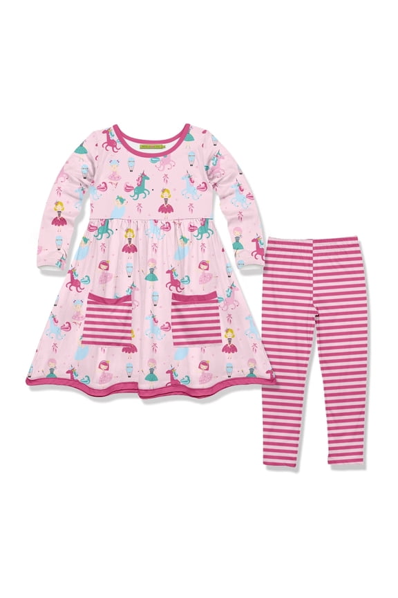 Girls Pink Ballerina and Unicorns 2 Pocket Dress & Legging Set size (4-10)
