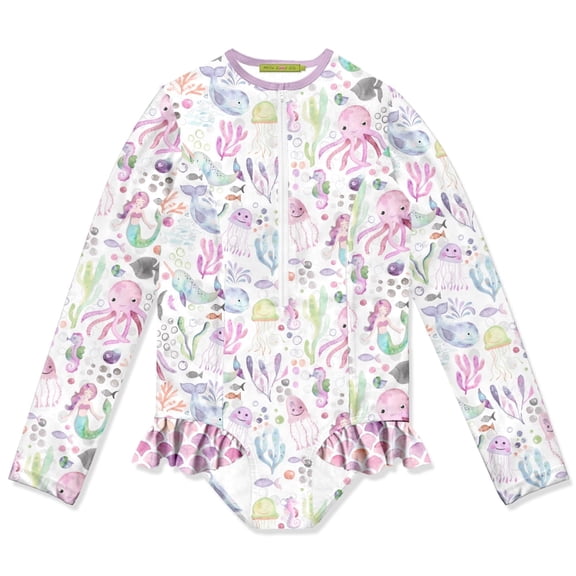 Millie Loves Lily Girls Pink Octopus Sea Zip Front Rash Guard, Big Girls, Size 6, UPF 50+