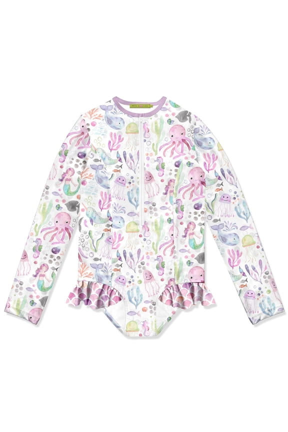 Girls Pink Octopus Sea Zip Front Rash Guard, Big Girls, Size 6, UPF 50+