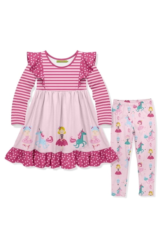 Girls Pink Princess Border Print Dress and Legging Set, Size 6, 2-PCS