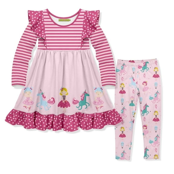 Millie Loves Lily Girls Pink Princess Border Print Dress and Legging Set, Size 6, 2-PCS