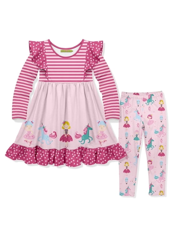 Girls Pink Princess Border Print Dress and Legging Set, Size 8, 2-PCS