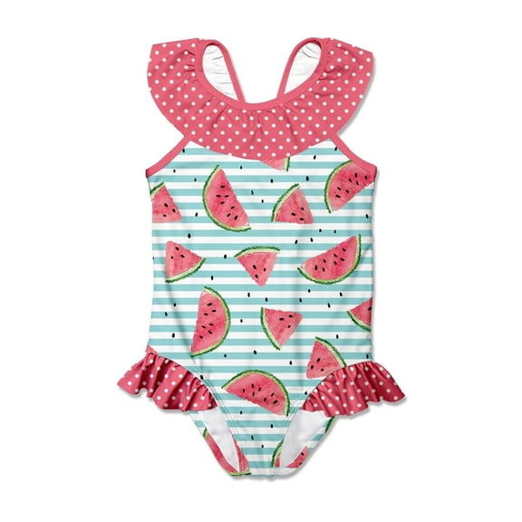 Millie Loves Lily Girls Pink Watermelon Stripe Ruffle 1-pc Swimsuit, Big Girls, Size 6, UPF 50+