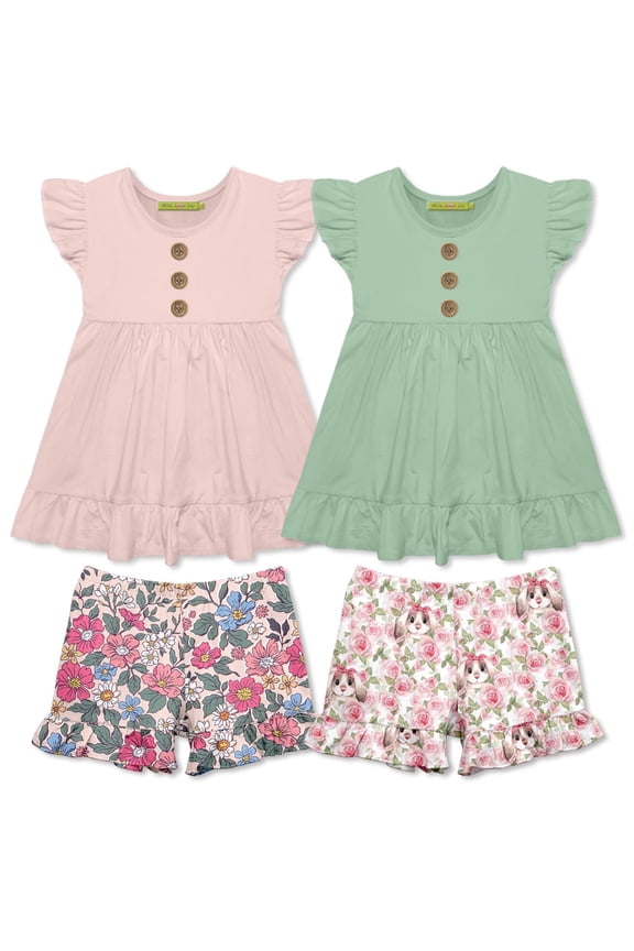 Girls Pink and Sage Tops and Printed Ruffle Shorts Set, Big Girls, Size 6, 4-PCS