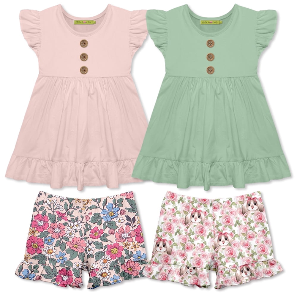 Millie Loves Lily Girls Pink and Sage Tops and Printed Ruffle Shorts ...