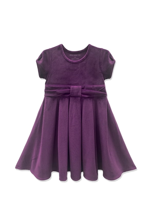 Girls' Plum Rib Velour Short Sleeve Dress With Bow Waistband,Big Girls, Size 10
