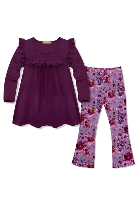 Girls Plum Ruffle Top & Floral Flared Legging Set, Big Girl,Size 5 (2-PCS)