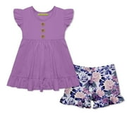 Millie Loves Lily Girls Purple Angel-Sleeve Top & Purple Rose Shorts Set, Size (3T-12),2PCS