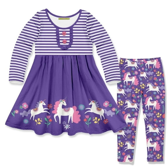 Millie Loves Lily Girls Purple Darling Unicorn Button-Accent A-Line Dress & Leggings Set, Big Girls, Size 4(2-PCS)
