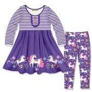 Millie Loves Lily Girls Purple Darling Unicorn Button-Accent A-Line Dress & Leggings Set, Big Girls, Size 6(2-PCS)