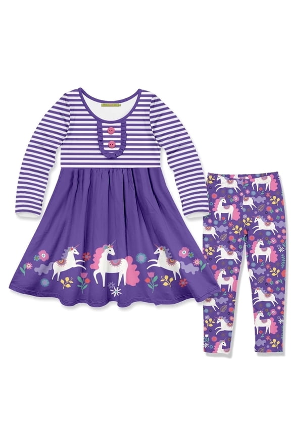 Girls Purple Darling Unicorn Button-Accent A-Line Dress & Leggings Set, Big Girls, Size 6(2-PCS)