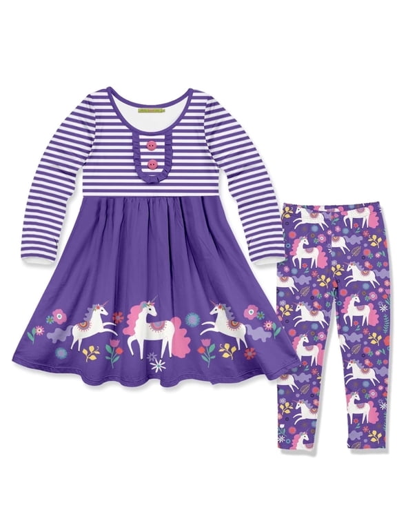 Girls Purple Darling Unicorn Button-Accent A-Line Dress & Leggings Set, Big Girls, Size 8(2-PCS)