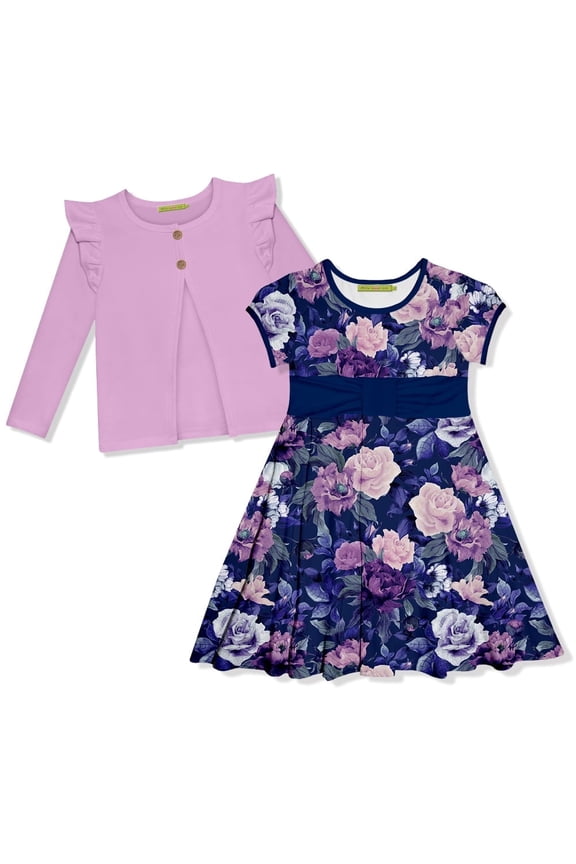 Girls' Purple Floral Dress and Cardigan Set, Big Girls Size 6, (2-PCS)
