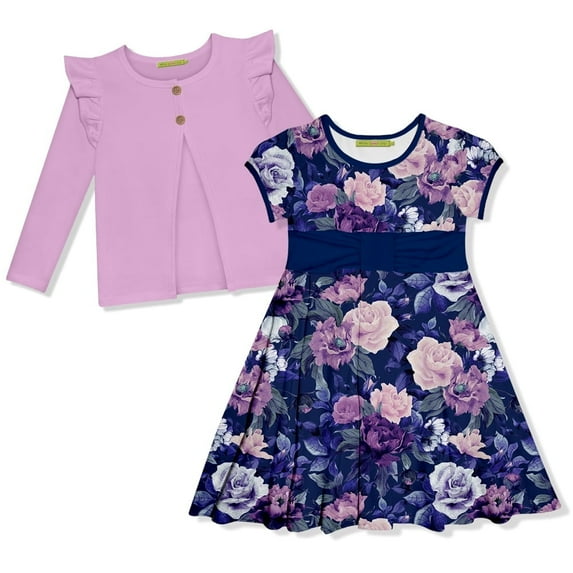 Millie Loves Lily Girls' Purple Floral Dress and Cardigan Set, Big Girls Size 8, (2-PCS)