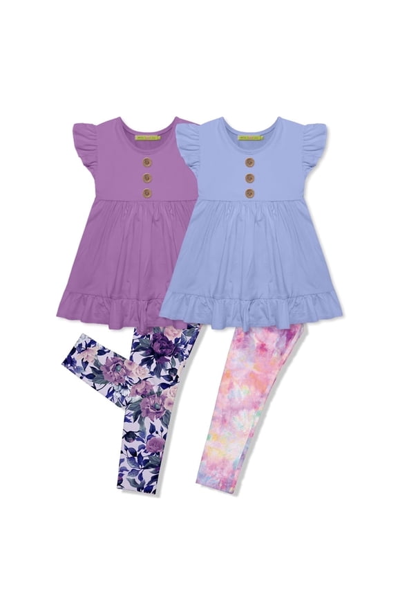 Girls Purple & Periwinkle Tops and Leggings Set,Big Girls, Size 10/12+ (4-PCS)