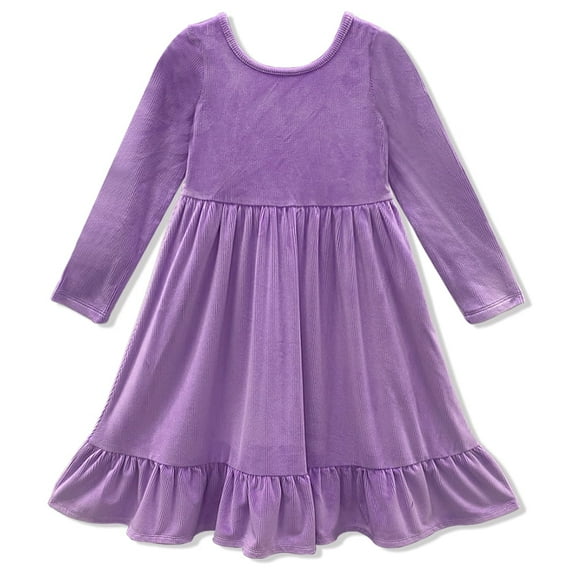 Millie Loves Lily Girls'Purple Rib Velour Long Sleeve Dress With Ruffle,Big Girls, Size 5