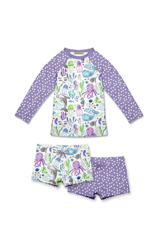 Girls Purple Underwater Sea Rashguard Set,Big Girls,Size 12,3-PCS,UPF 50+