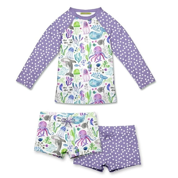 Millie Loves Lily Girls Purple Underwater Sea Rashguard Set,Big Girls,Size 6,3-PCS,UPF 50 