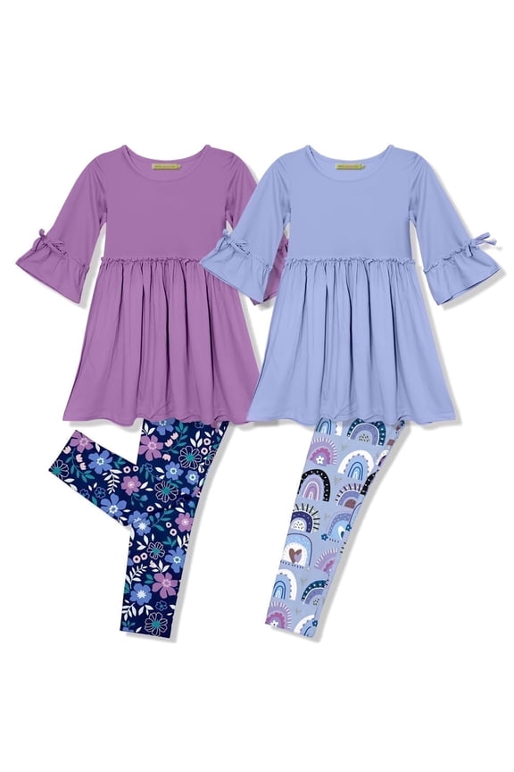 Girls Purple and Periwinkle Dress & Legging 4-Piece Set , Big Girls Size 6