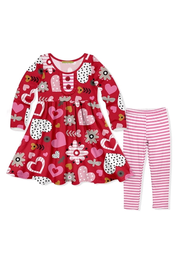 Girls Valentine's Day Red Hearts and Flowers Long Sleeve Dress And Legging Set, Big Girls, Size 12, 2-PCS