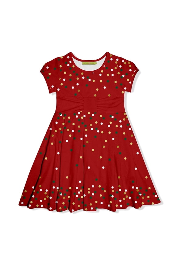 Girls' Red Holiday Dot Velour Dress With Bow Waistband, Big Girl, Size 5