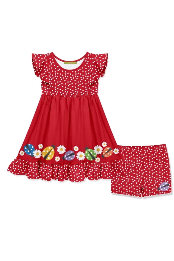 Girls Red Ladybug Border Print Dress & Shorts Set, Big Girls Size 5 (2-PCS)