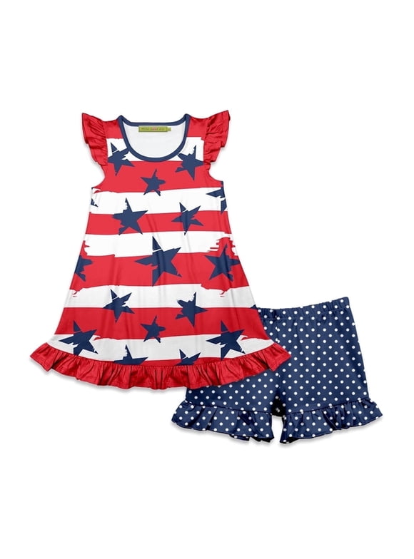 Girls Red,White and Blue American Flag Patriotic Top and Short Set,Big Girls Size 6,2-PCS