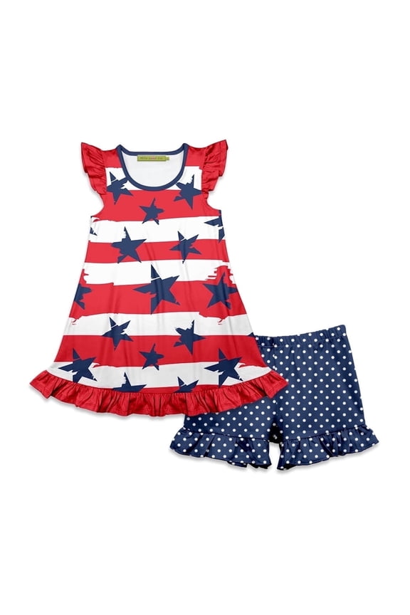 Girls Red,White and Blue Stars & Stripes Patriotic Top and Short Set, Big Girls Size 8,2-PCS