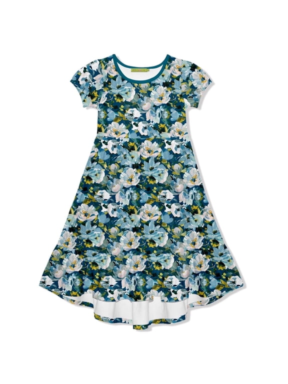 Girls Teal Floral Hi-Low Midi Dress, Big Girls Size 8