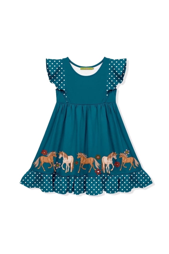 Girls Teal Unicorn Pony Border Angel Sleeve Dress,Big Girls,Size 5