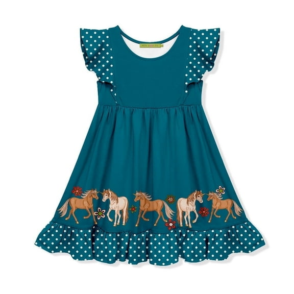 Millie Loves Lily Girls Teal Unicorn Pony Border Angel Sleeve Dress,Big Girls,Size 8